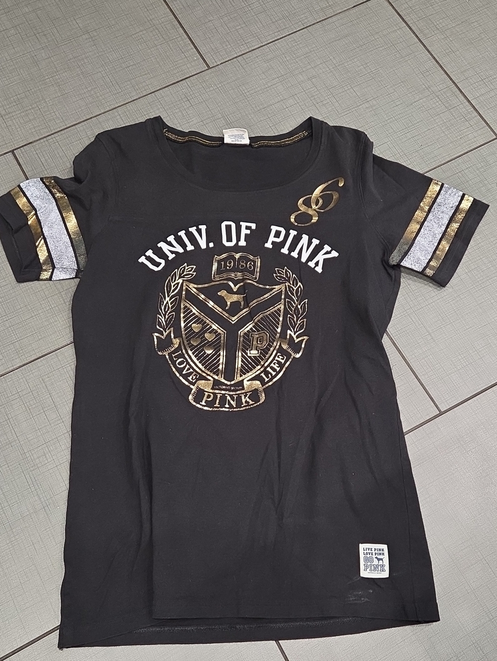 PINK Victoria's Secret Black Tee with  Metallic Gold Accents